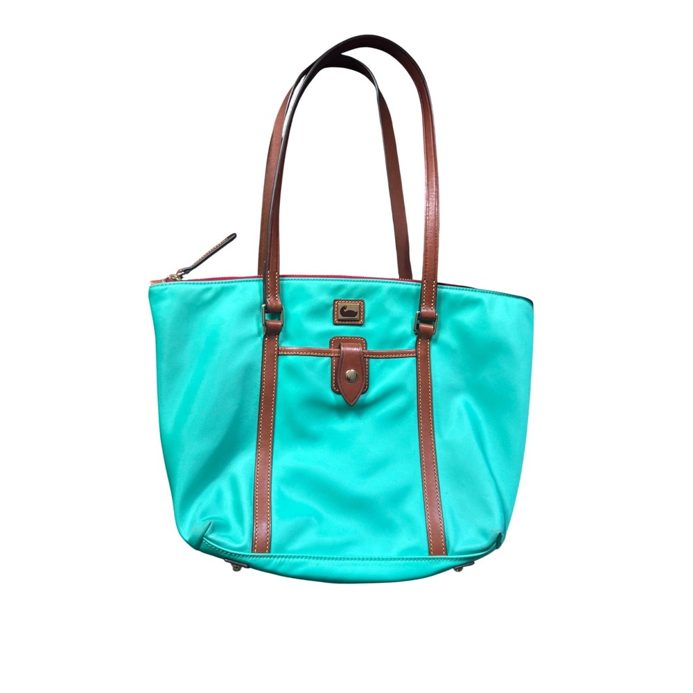 Dooney & Bourke Fluo Green Blue Tote Brown Leather Trim Duck Multi Compartment